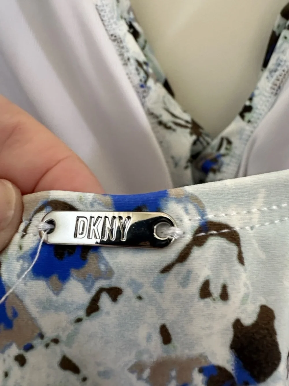 DKNY Ruffled V-Neck One-Piece Swimsuit in Light Blue, Black & Royal Blue Print - Picture 3 of 5